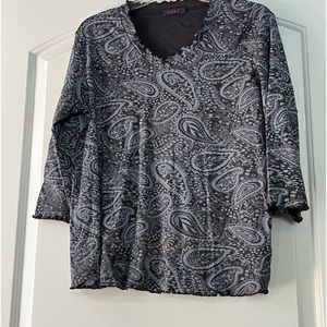 Large Fresh Produce blouse Grey ruffle neck and sleeve Large shirt top